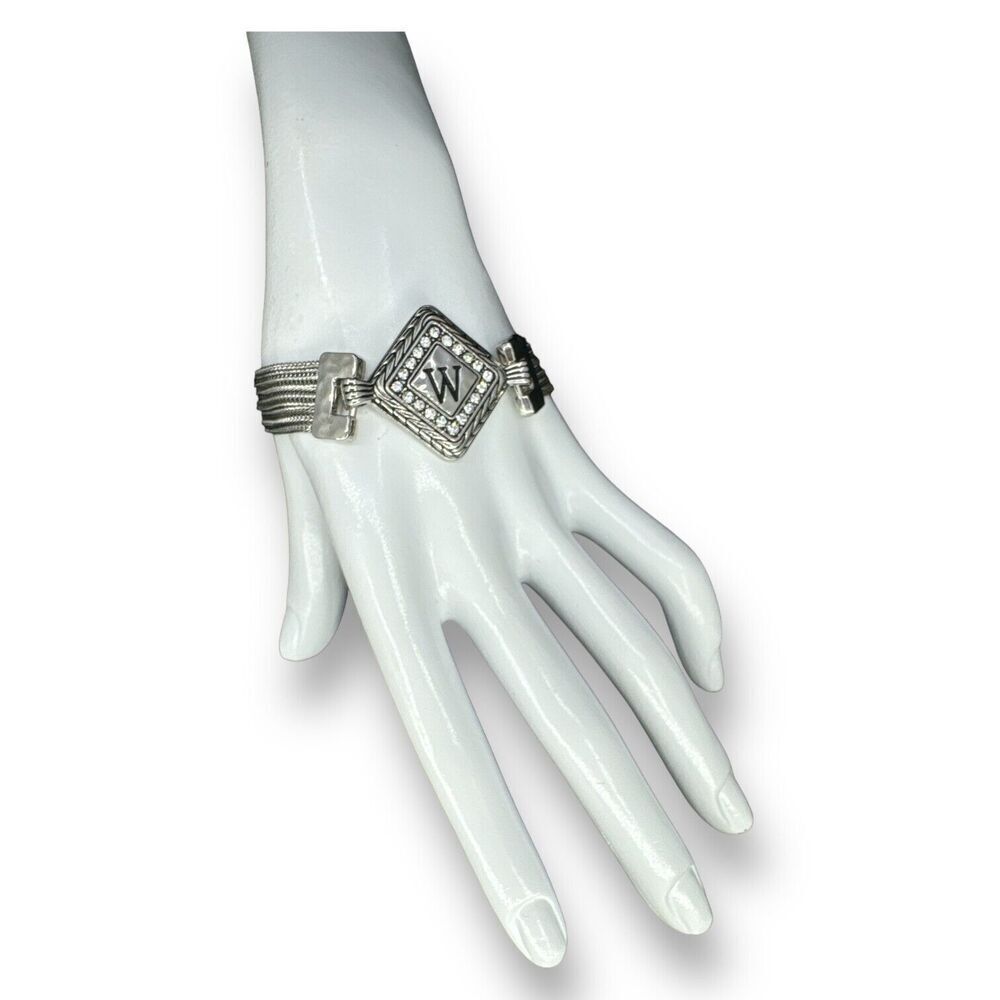 Multi Chain Initial "W" Bracelet w/ Rhinestone Accents Silver Tone 7" Monogram